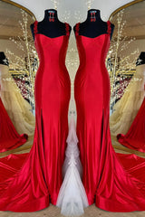 Satin Long Prom Dress Red Mermaid with Flower Straps - MyChicDress