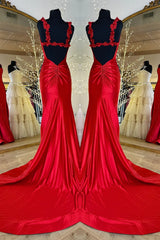Satin Long Prom Dress Red Mermaid with Flower Straps - MyChicDress