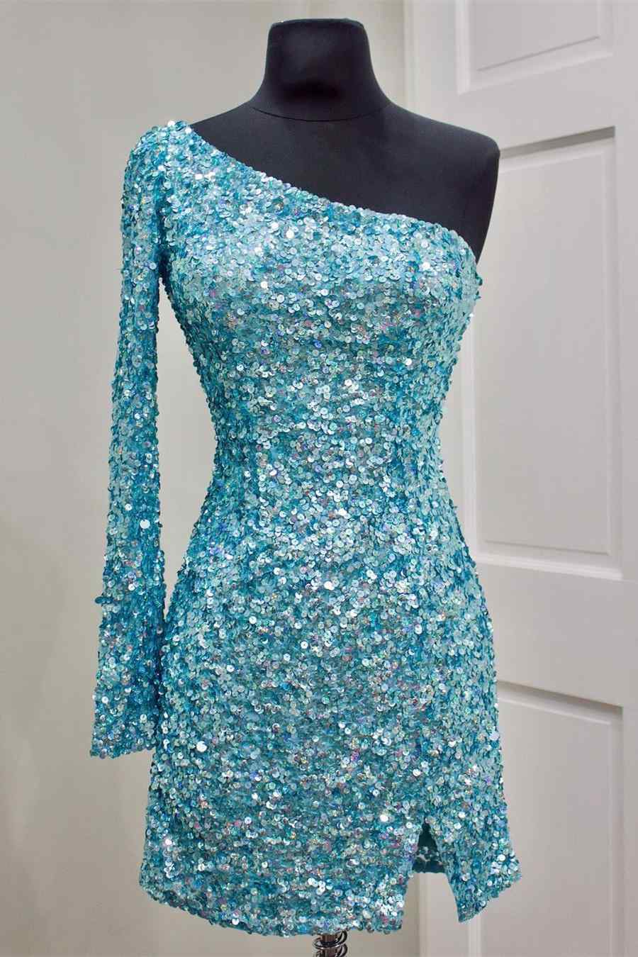 Black Sequin Homecoming Dress Short One Shoulder Mini Dress with Sleeves