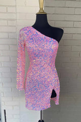 Black Sequin Homecoming Dress Short One Shoulder Mini Dress with Sleeves