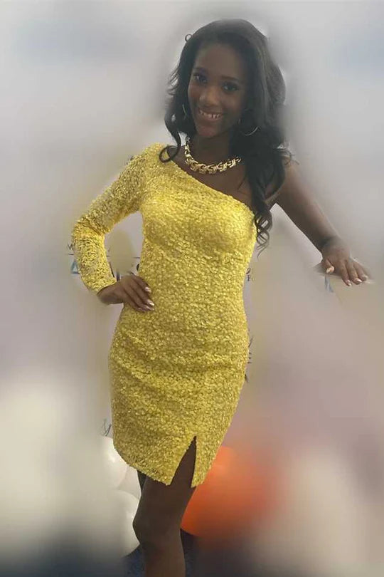 Black Sequin Homecoming Dress Short One Shoulder Mini Dress with Sleeves