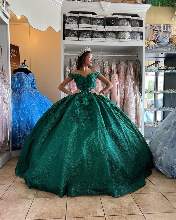 Sexy Emerald Green Quinceanera Dresses 3D Flowers Off the Shoulder Sequins Sweet 16