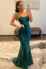 Sequin Long Prom Dress Dark Green Straps Mermaid Formal Gown