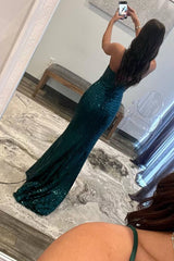 Sequin Long Prom Dress Dark Green Straps Mermaid Formal Gown