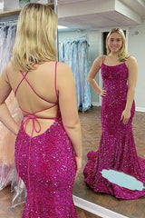 Sequin Purple Prom Dress Mermaid Long Formal Dress Scoop Neck