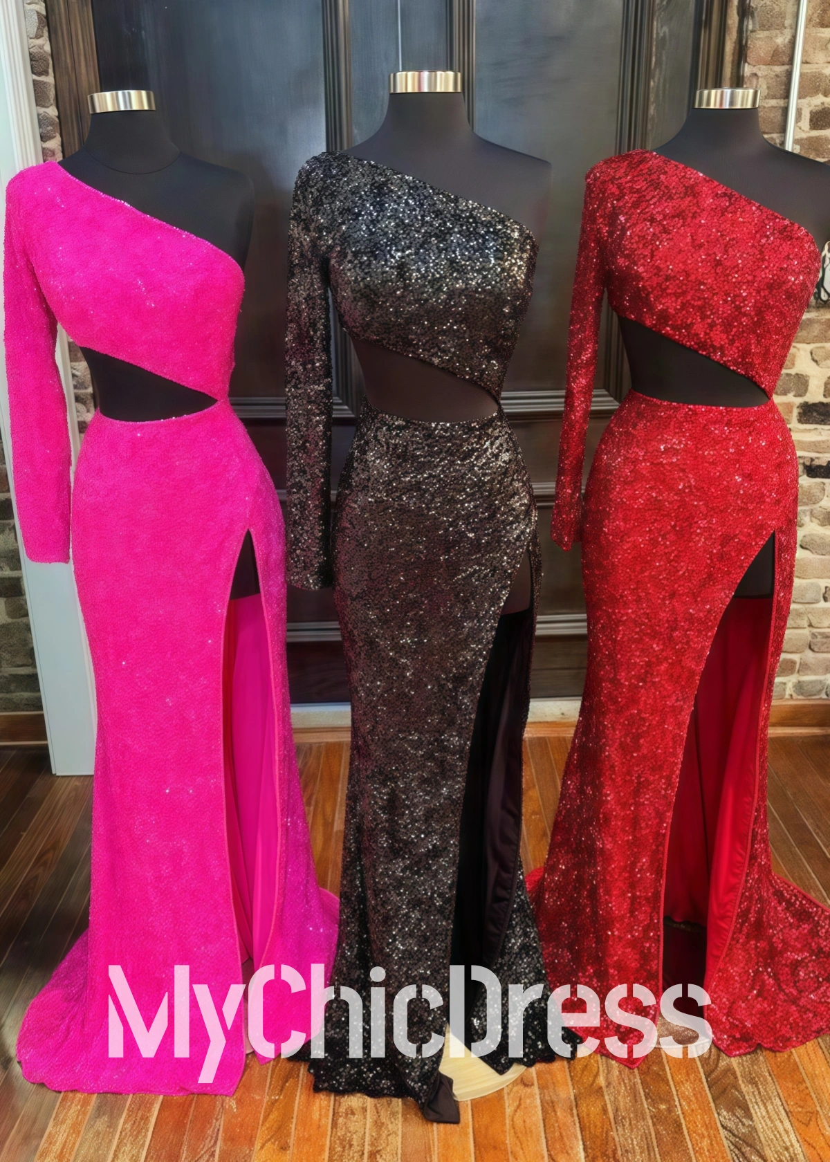 Sequins One-Sleeve Black Formal Dresses Cutout Long Prom Dress with Slit