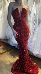Sequins Formal Dresses Mermaid Deep V-Neck Long Prom Dress Sleeveless