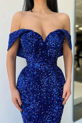 Sequins Royal Blue Prom Dress Off Shoulder Mermaid  Evening Gown