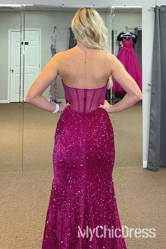 Fuchsia Sequins Strapless Prom Dress Corset Mermaid Sweetheart Mychicdress