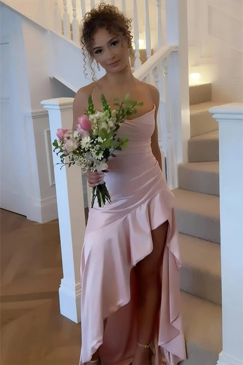 Sexy pink Satin High Low Prom Dress With Ruffles