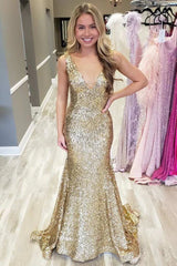 Sexy V-Neck Gold Sequins Evening Dress Mermaid Backless