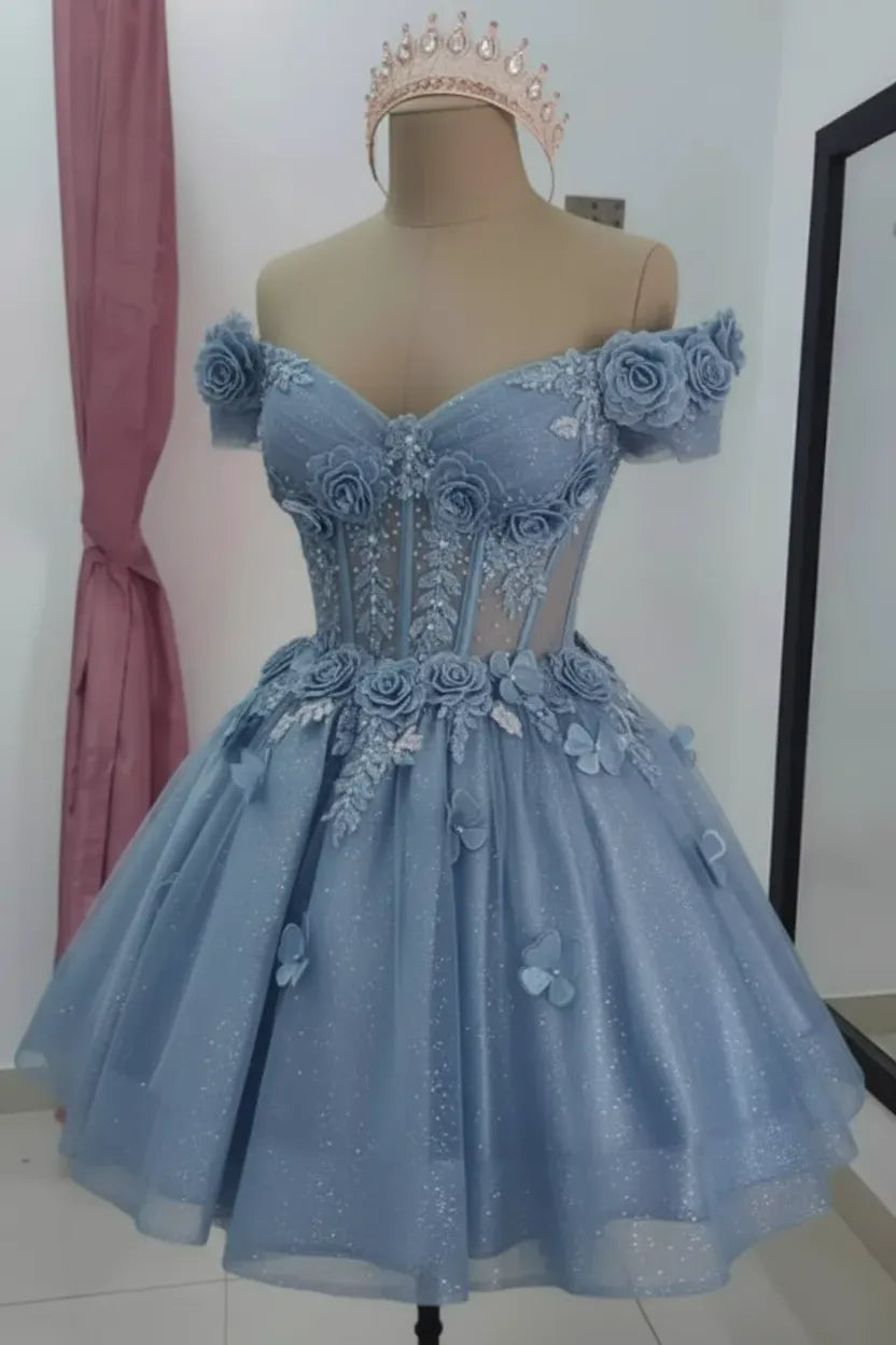 Champagne Floral Sequined Mini Hoco Dress Off-Shoulder Cocktail Dress