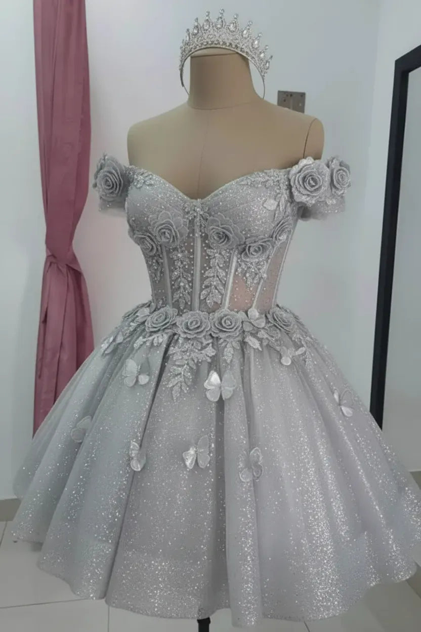 Champagne Floral Sequined Mini Hoco Dress Off-Shoulder Cocktail Dress