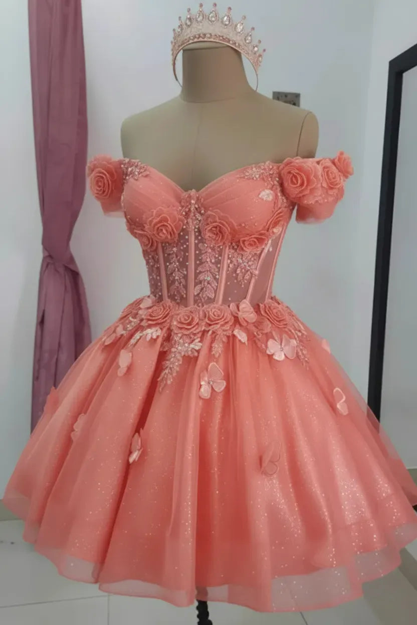 Champagne Floral Sequined Mini Hoco Dress Off-Shoulder Cocktail Dress