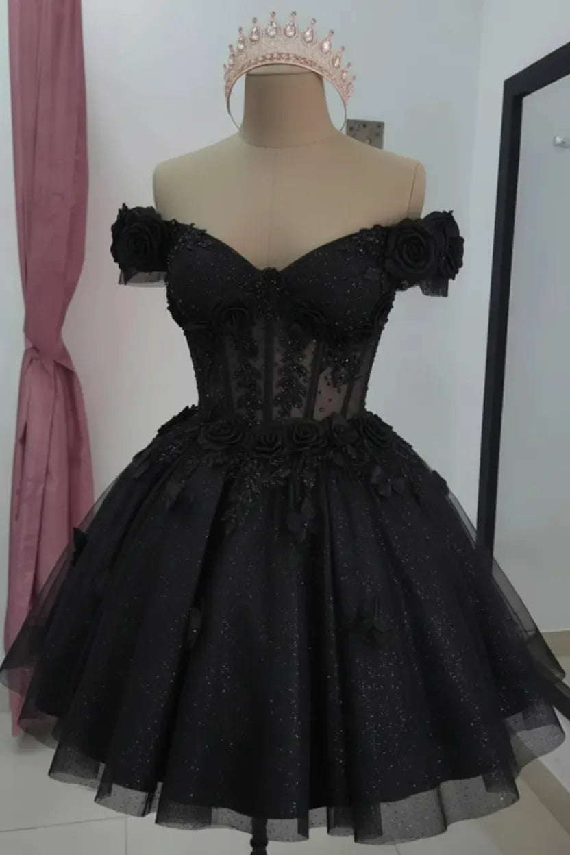 Champagne Floral Sequined Mini Hoco Dress Off-Shoulder Cocktail Dress
