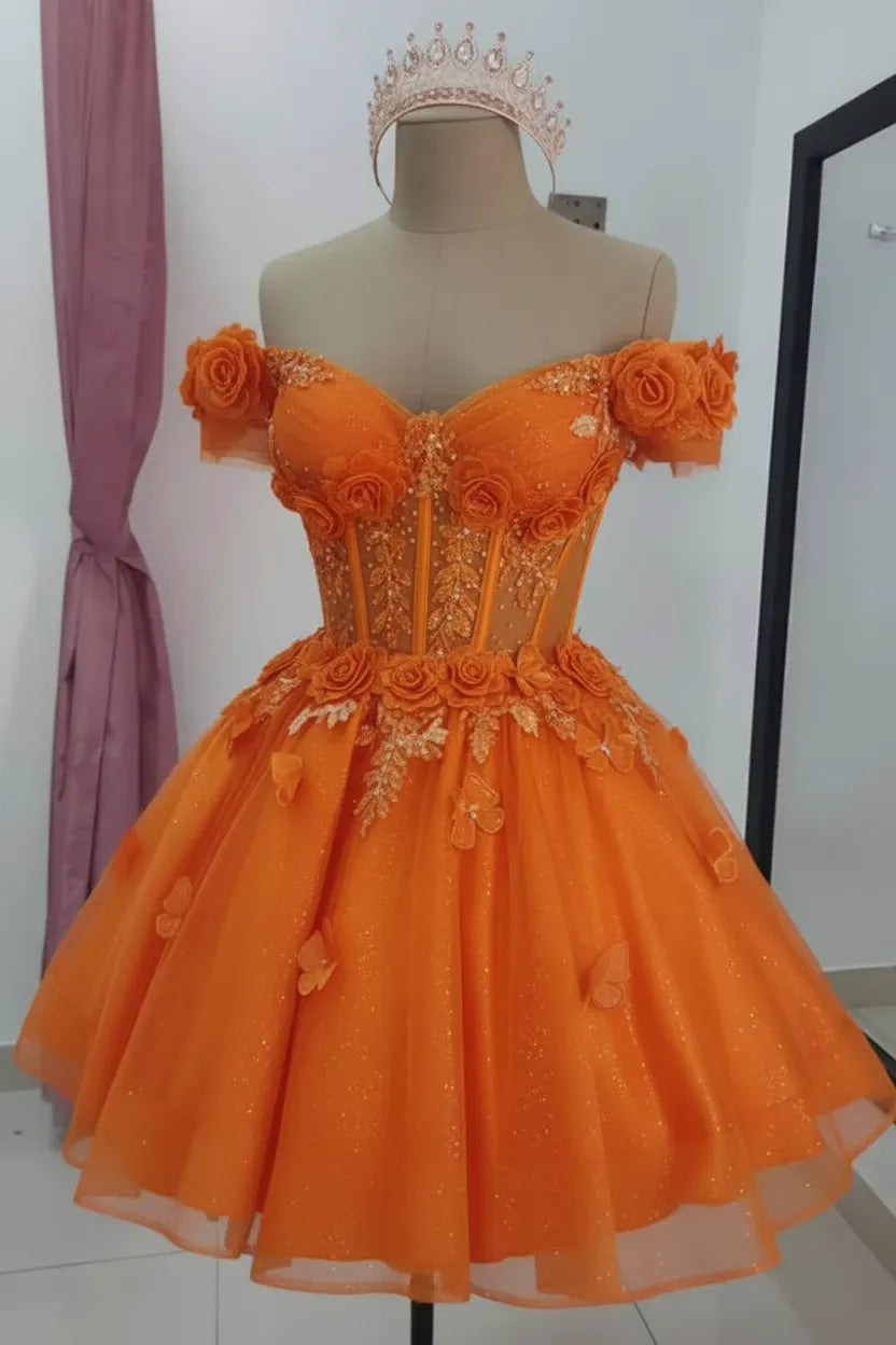 Champagne Floral Sequined Mini Hoco Dress Off-Shoulder Cocktail Dress