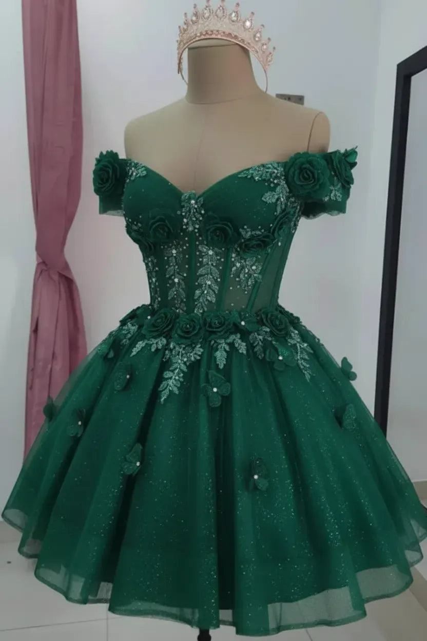 Champagne Floral Sequined Mini Hoco Dress Off-Shoulder Cocktail Dress