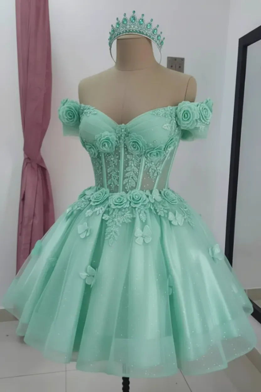Champagne Floral Sequined Mini Hoco Dress Off-Shoulder Cocktail Dress