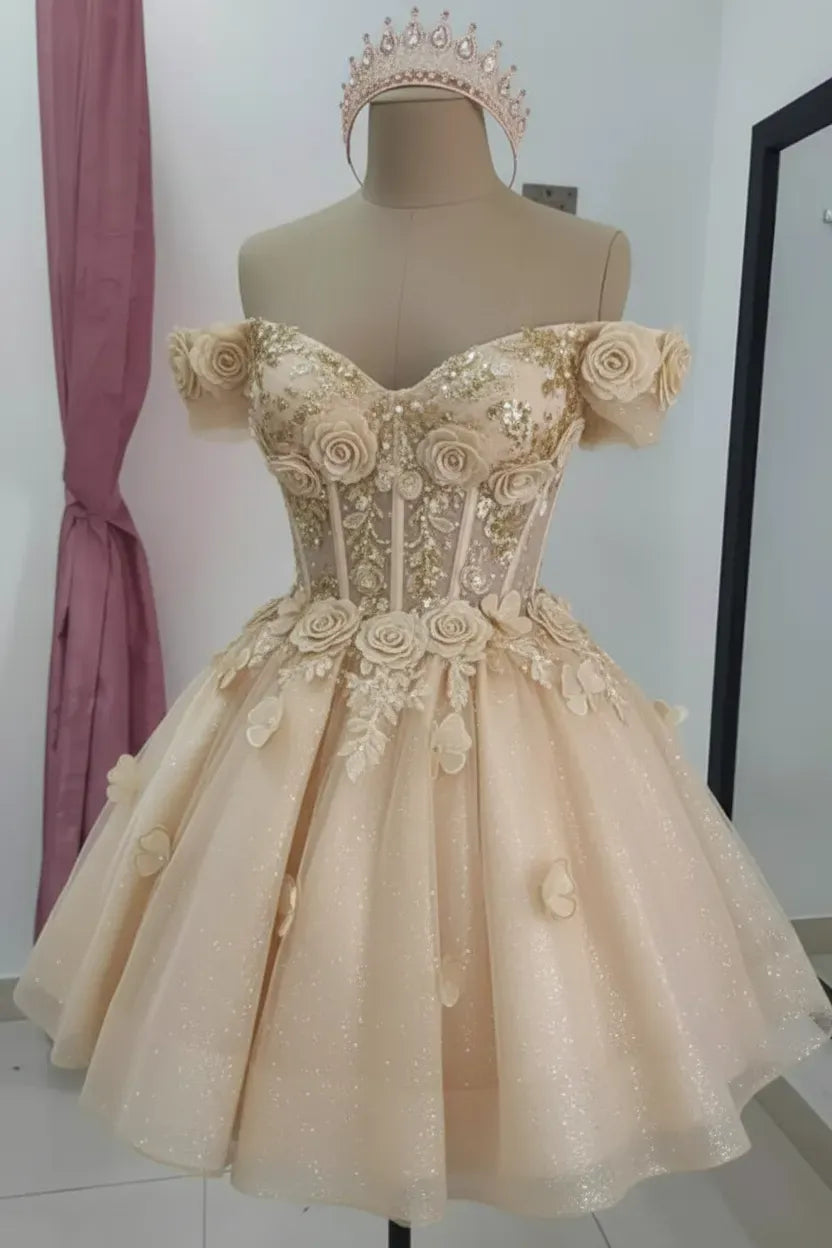 Champagne Floral Sequined Mini Hoco Dress Off-Shoulder Cocktail Dress