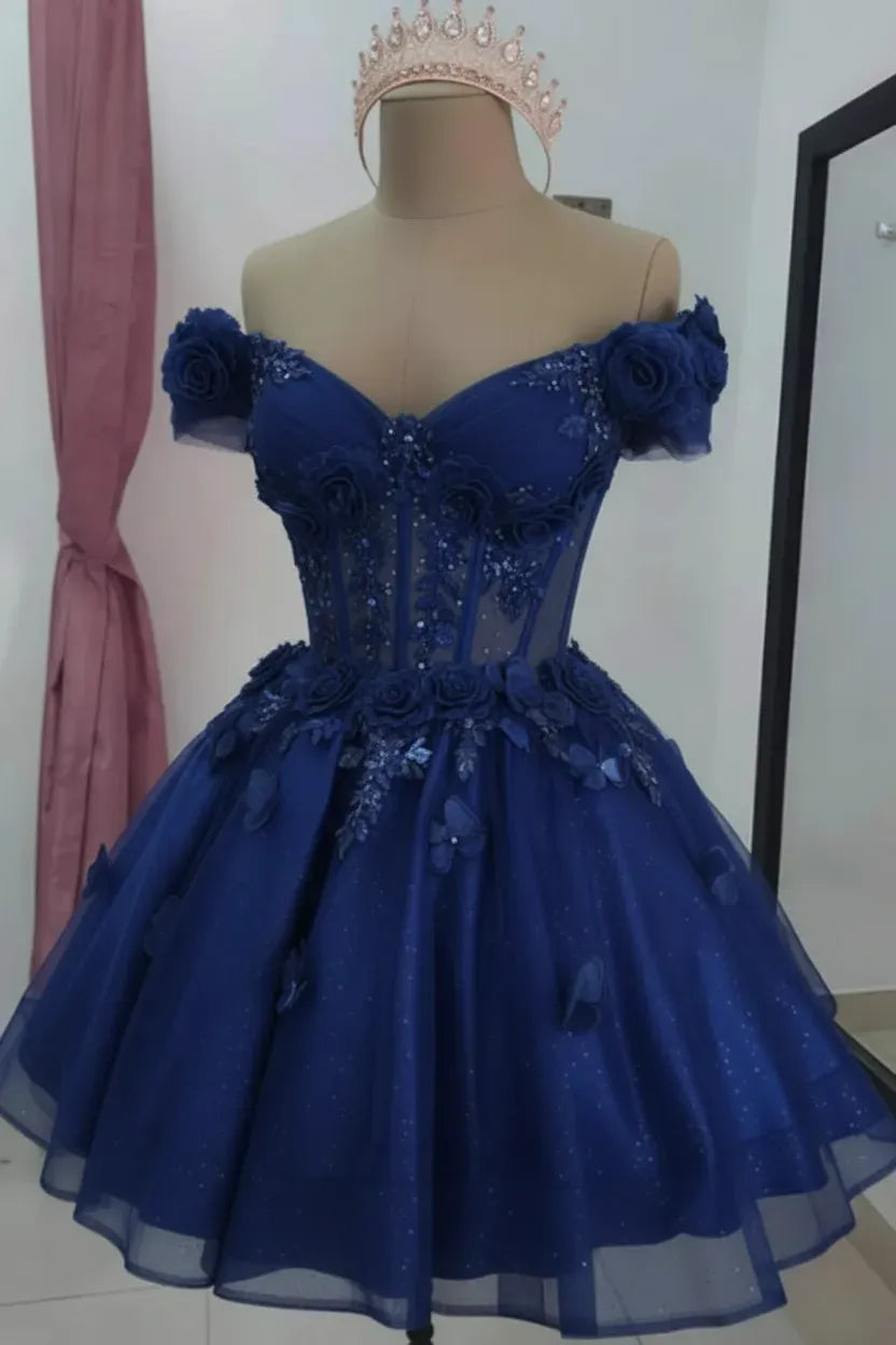 Champagne Floral Sequined Mini Hoco Dress Off-Shoulder Cocktail Dress