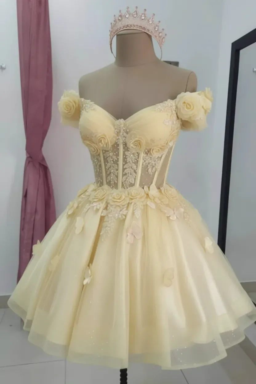 Champagne Floral Sequined Mini Hoco Dress Off-Shoulder Cocktail Dress