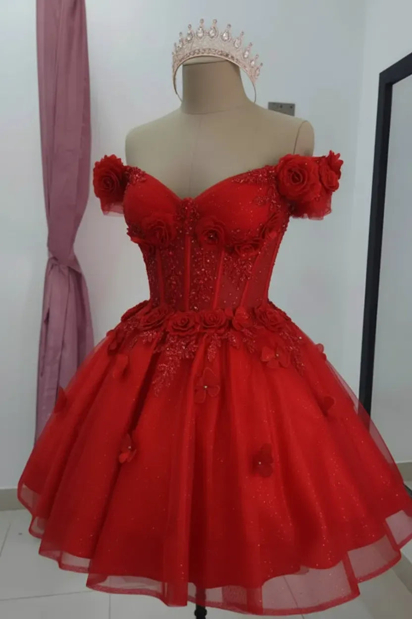 Champagne Floral Sequined Mini Hoco Dress Off-Shoulder Cocktail Dress