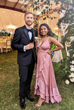 Sexy Chiffon Summer Maxi Dress Dusty Pink V Neck Wedding Guest Dress Ruffles