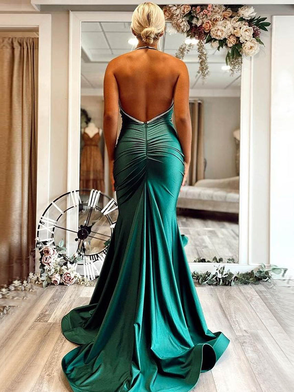 Sexy Emerald Green Halter Formal Dress Satin Prom Dress UK Beaded - MyChicDress