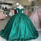 Sexy Emerald Green Quinceanera Dresses 3D Flowers Off the Shoulder Sequins Sweet 16