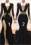 Sexy Long Sleeve Black Gold Prom Dresses 2023 V Neck Appliques Formal Dress