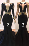 Sexy Long Sleeve Black Gold Prom Dresses 2023 V Neck Appliques Formal Dress