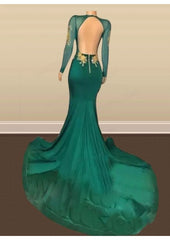 Sexy Long Sleeves Emerald Green Prom Dresses On Sale Open Back Side Slit