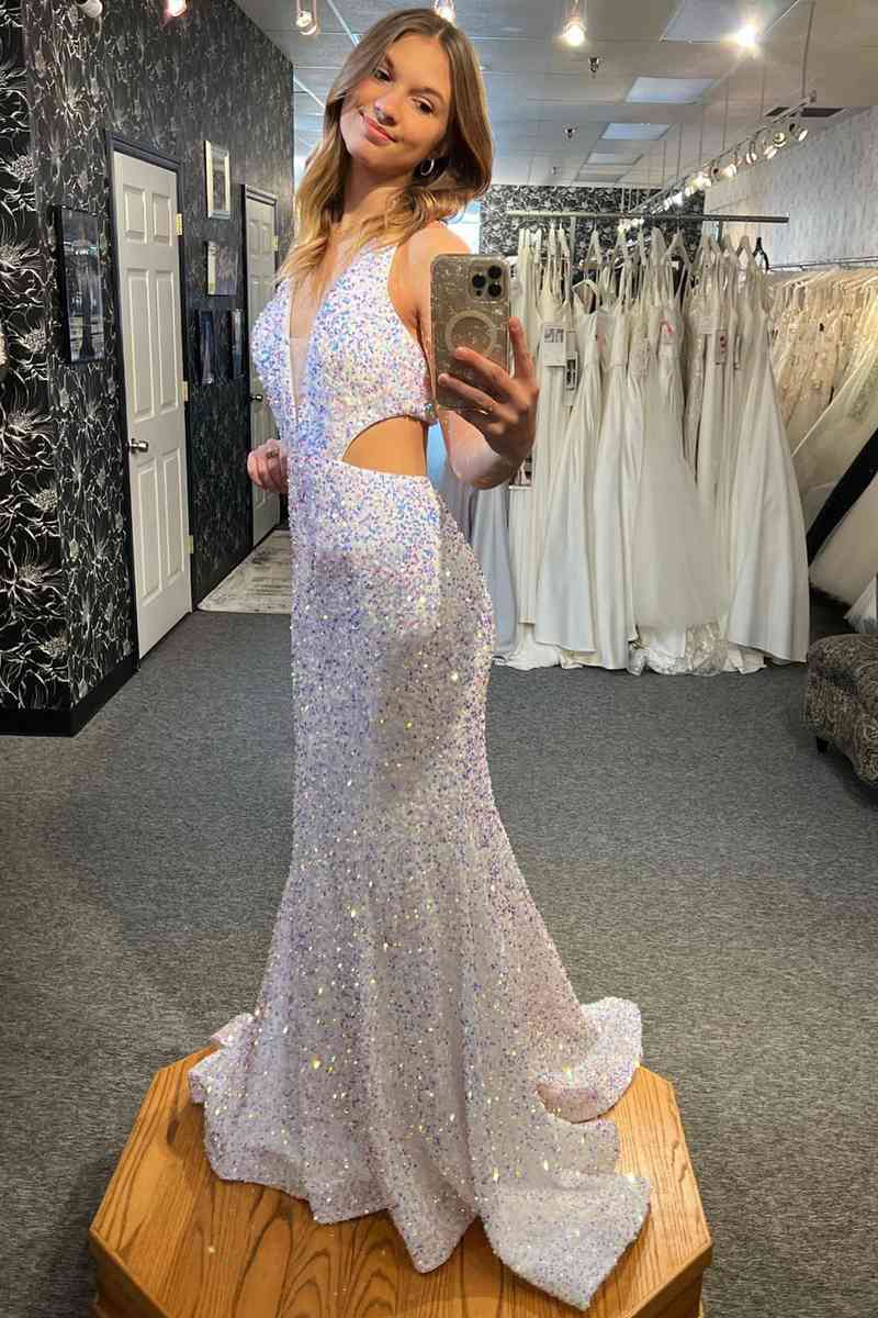 Sexy Mermaid Sequin White Long Prom Dresses Plunging Neck Cutout Waist - MyChicDress
