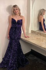 Sexy Purple Sequin Prom Dresses Strapless Mermaid Long Formal Dress