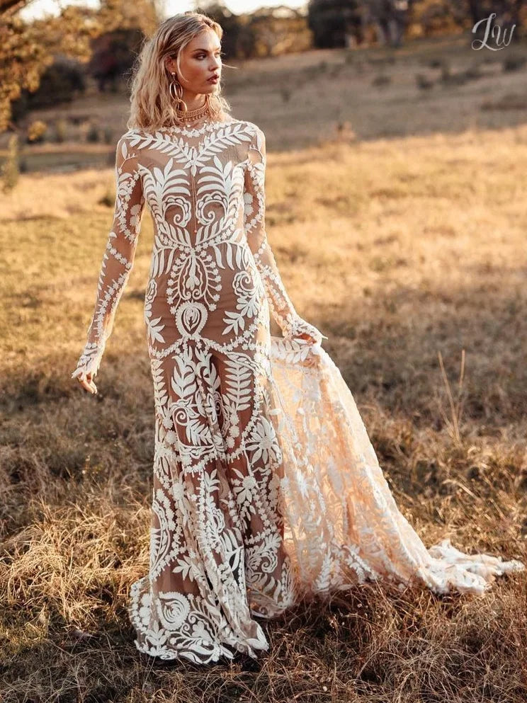 Sexy Boho Wedding Dress long Sleeve Backless Lace Floor Length