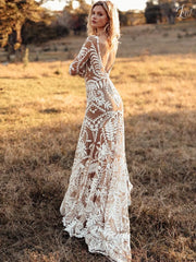 Sexy Round Neck Embroidered Long Sleeve white Wedding Dress Backless Mermaid