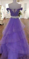 Sexy Violet Purple Prom Dresses two Piece A Line Off the shoulder - MyChicDress