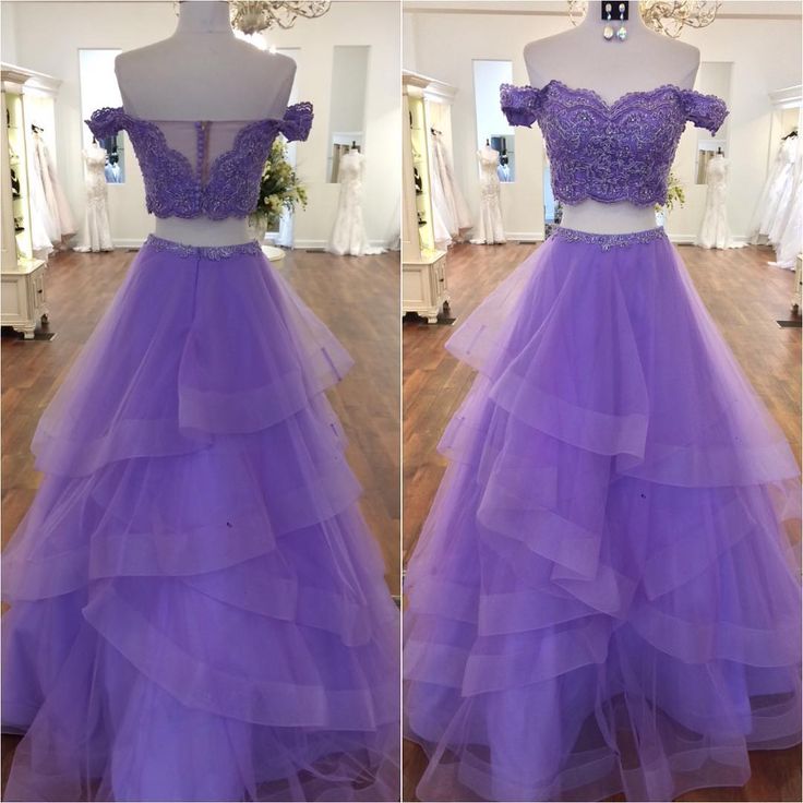 Sexy Violet Purple Prom Dresses two Piece A Line Off the shoulder - MyChicDress