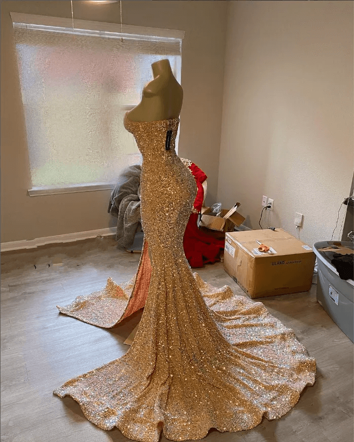 Sexy Gold Sequins Prom Dress Mermaid Long Black Girl Evening Formal Dresses - MyChicDress