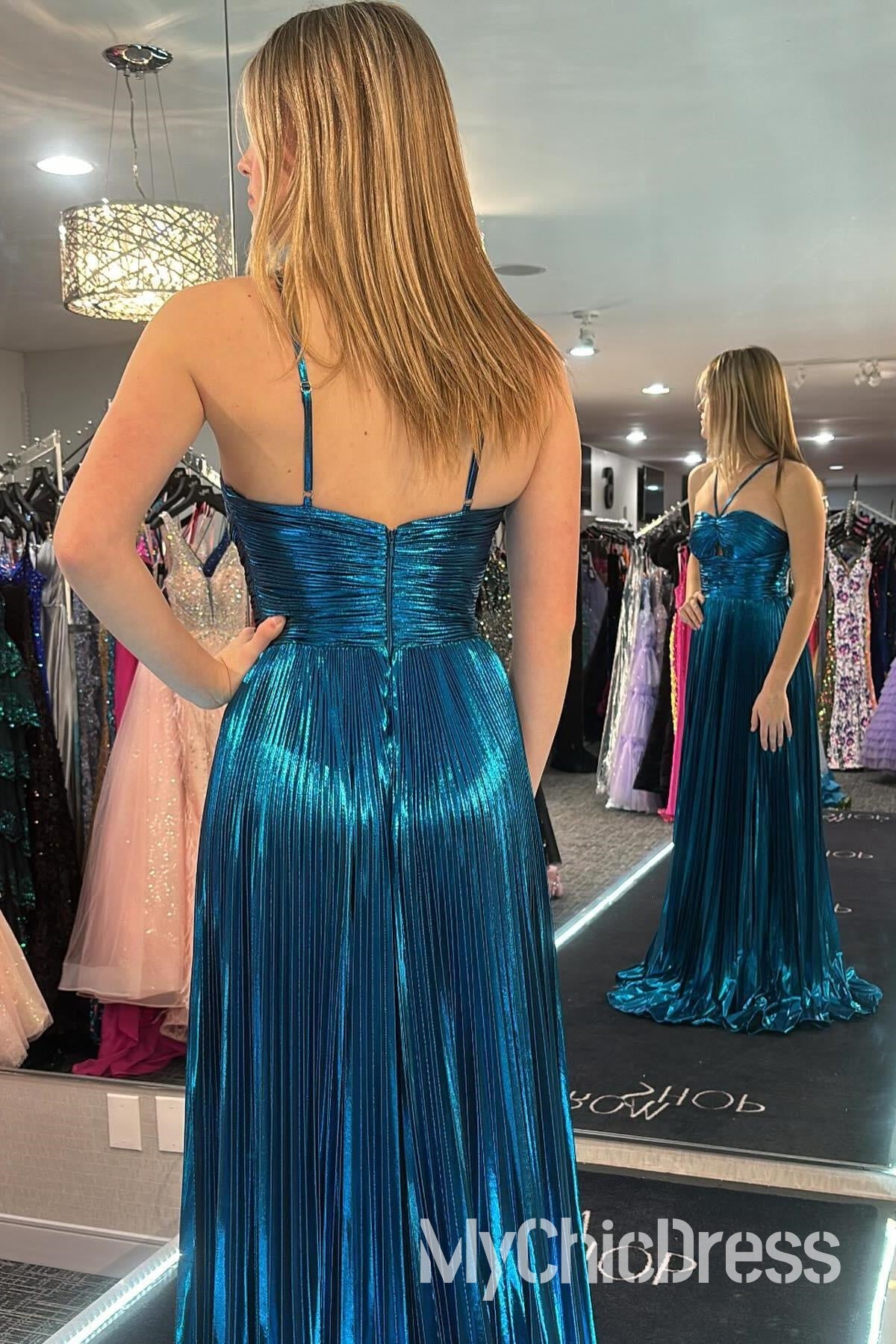Sexy Metallic Prom Dresses Pleated Long Evening Gown Key Hole Slit
