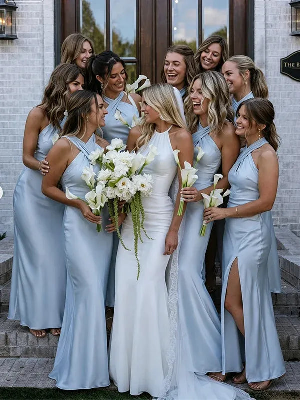 Sheath Halter Champagne Wedding Party Dress Long