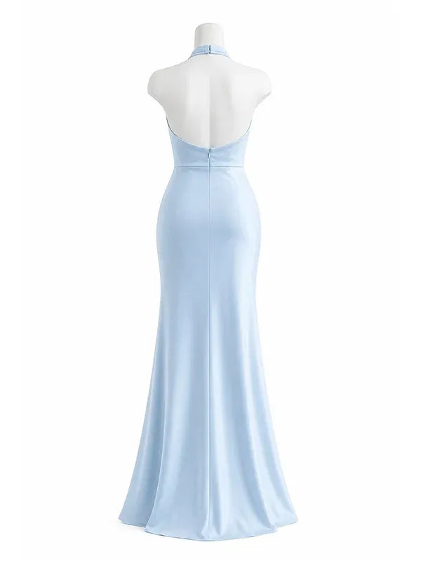 Sheath Halter Champagne Wedding Party Dress Long