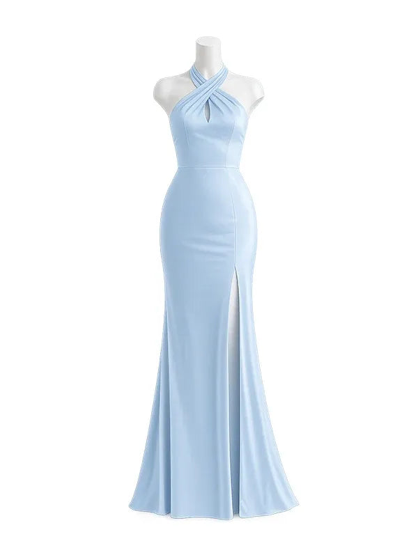 Sheath Halter Champagne Wedding Party Dress Long