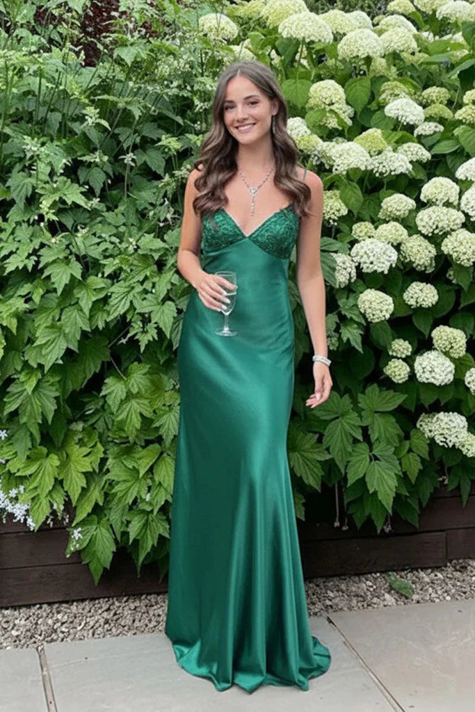 green evening gown Sheath Long Mermaid Soft Satin Formal Dress with Beaded