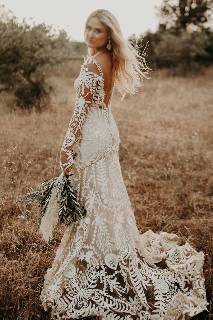 Boho Beachy Bridal Gowns Bohemian Lace Beach Wedding Dress A-Line