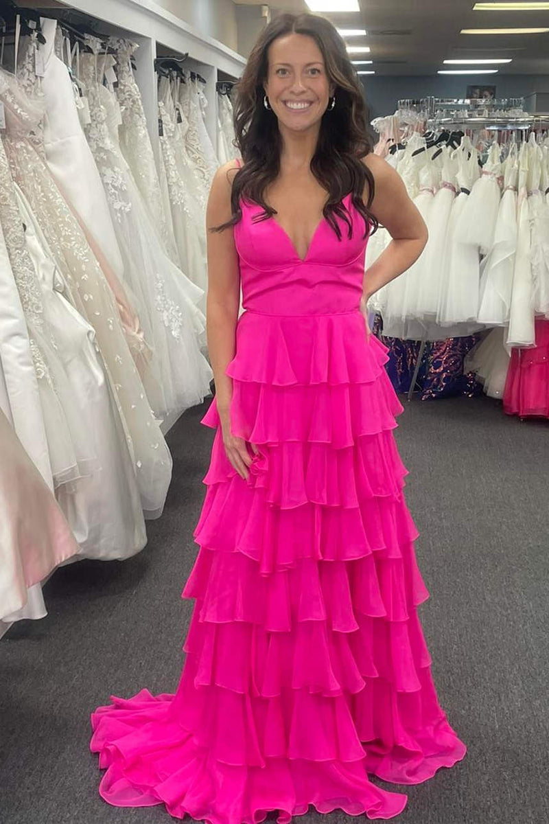 Sheath Hot Pink Chiffon Tiered Prom Dresses 2025 V Neck - MyChicDress