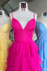 Sheath Hot Pink Chiffon Tiered Prom Dresses 2025 V Neck - MyChicDress