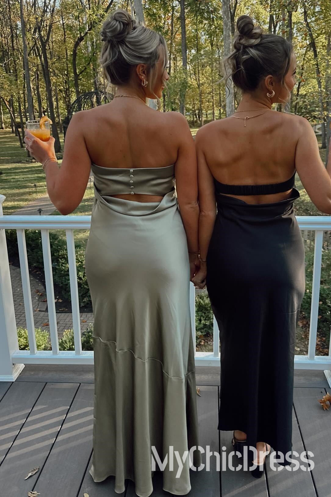 Sheath Long Strapless Olive Green Satin Formal Bridesmaid Dress