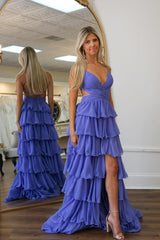 Sheath Long Tiered Ruffle Formal Prom Dress Straps Cross Back - MyChicDress