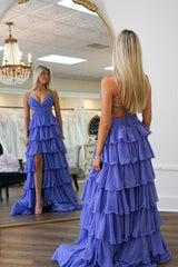 Sheath Long Tiered Ruffle Formal Prom Dress Straps Cross Back - MyChicDress
